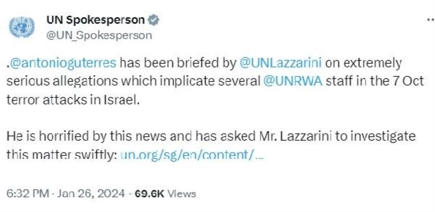 BM, UNRWA çalışanlarının saldırılara karıştığı iddialarını soruşturacak