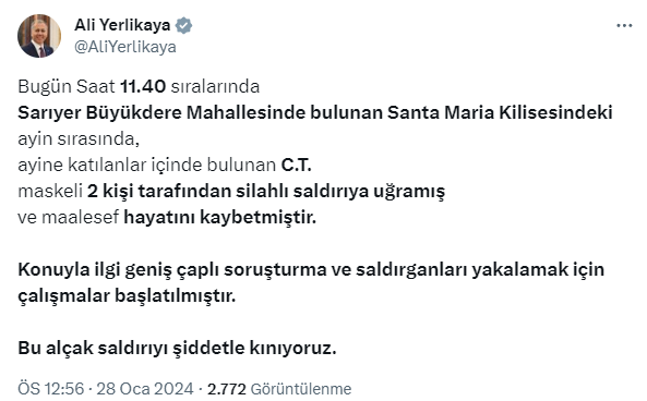 İstanbul Sarıyer'deki İtalyan kilisesine silahlı saldırı! Olay yerine çok sayıda ekip sevk edildi
