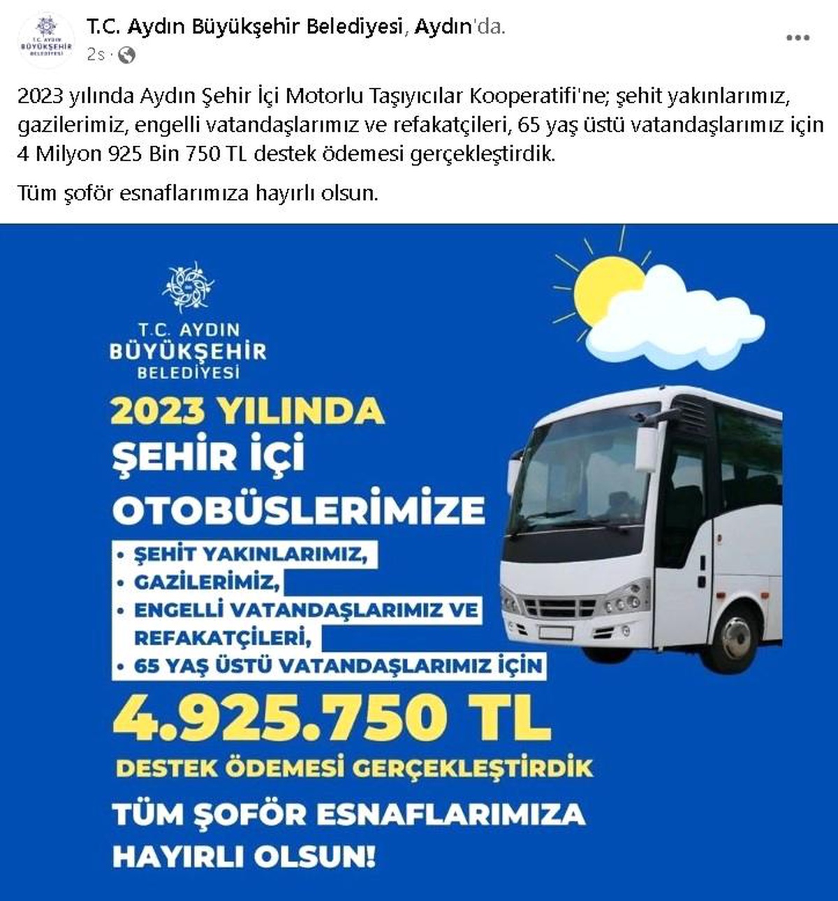 Aydın Büyükşehir Belediyesi Şehiriçi Motorlu Taşıyıcılar Kooperatifi\'ne Destek Ödemesi Yaptı