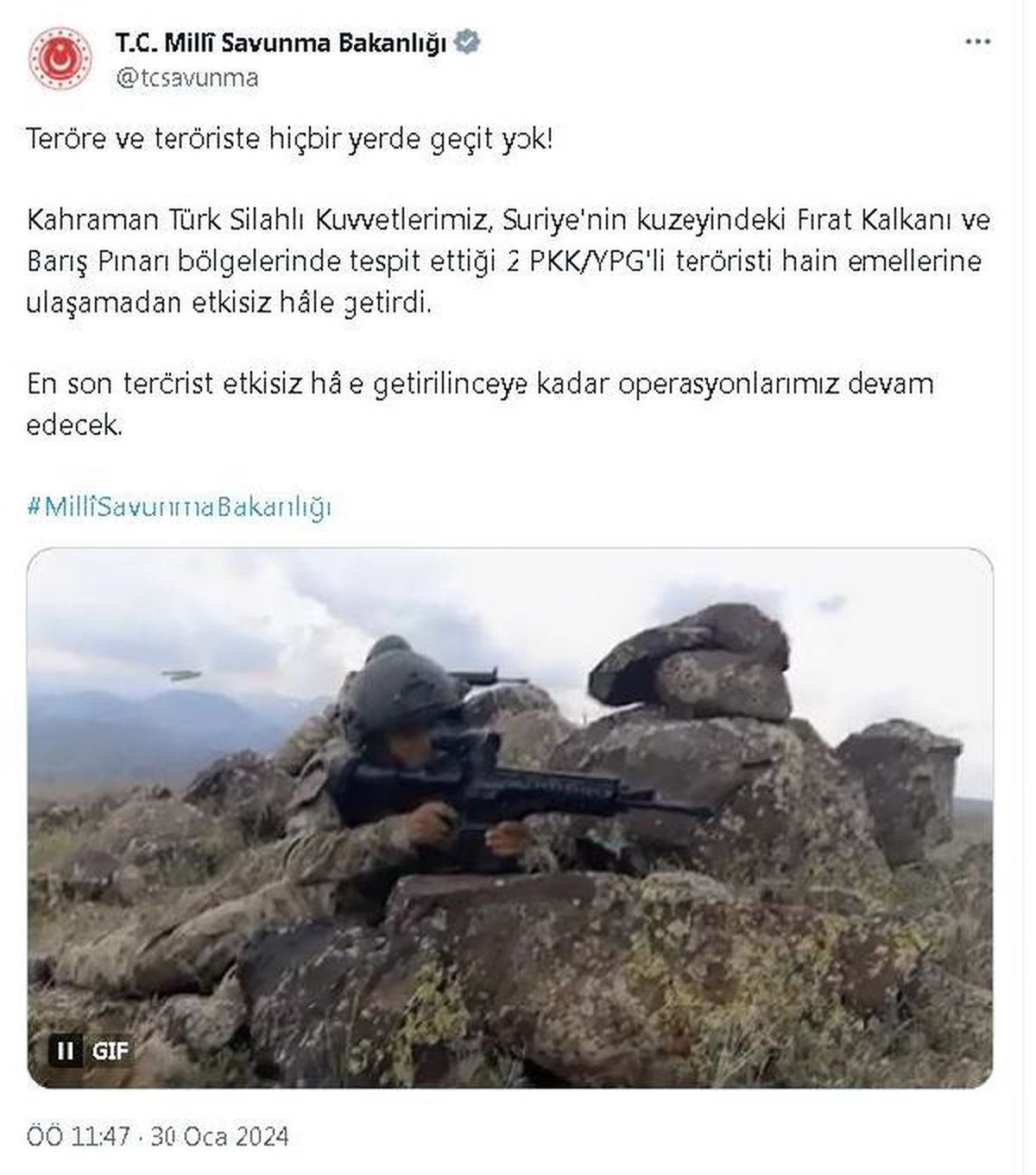 MSB: Fırat Kalkanı ve Barış Pınarı bölgelerinde 2 PKK/YPG\'li terörist etkisiz hale getirildi