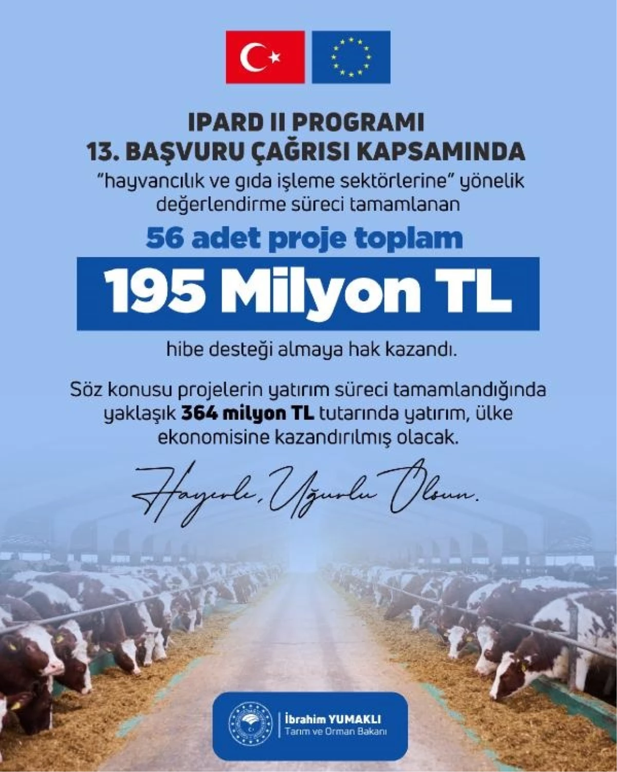 IPARD-II Programı kapsamında hayvancılık ve gıda işleme sektörlerine 195 milyon TL hibe desteği sağlanacak