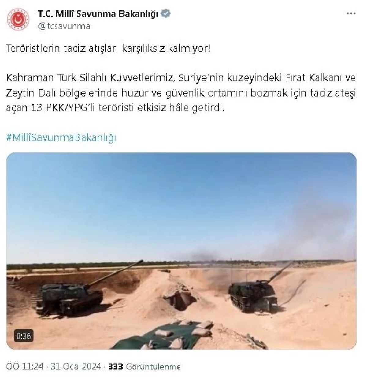 MSB: Fırat Kalkanı ve Zeytin Dalı bölgelerinde 13 PKK/YPG\'li terörist etkisiz hale getirildi