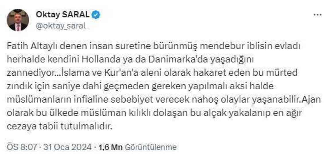 Cumhurbaşkanı Başdanışmanı Saral, Fatih Altaylı'ya ağır hakaretler: Bu mürted zındık için gereken yapılmalı