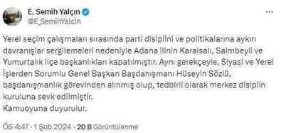 MHP, Adana'da 3 ilçe başkanlığını kapattı, Bahçeli'nin danışmanı görevden alındı