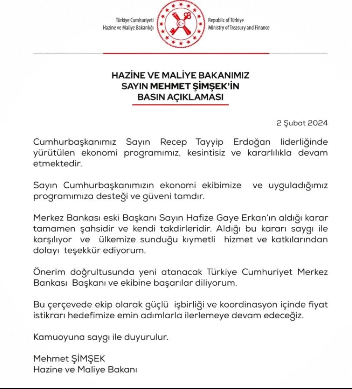 Hazine ve Maliye Bakanı Mehmet Şimşek, Merkez Bankası Başkanı Hafize Gaye Erkan\'ın görevinden affını istemesini değerlendirdi