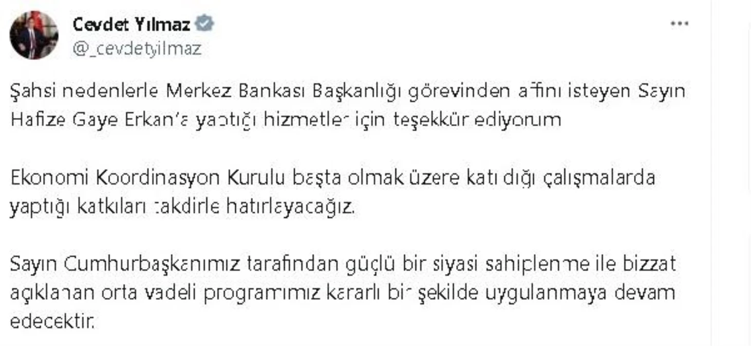 Cevdet Yılmaz, Merkez Bankası Başkanlığı görevinden affını isteyen Hafize Gaye Erkan\'a teşekkür etti