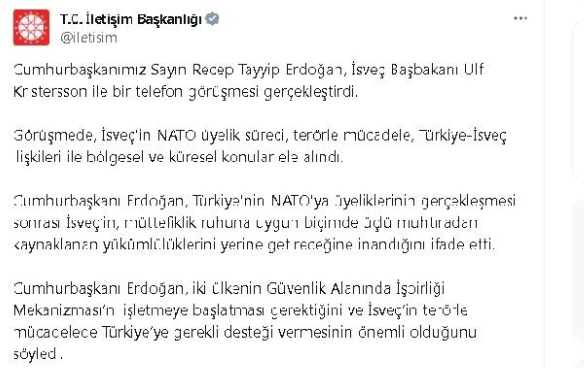 Cumhurbaşkanı Erdoğan, İsveç Başbakanı ile telefon görüşmesi yaptı