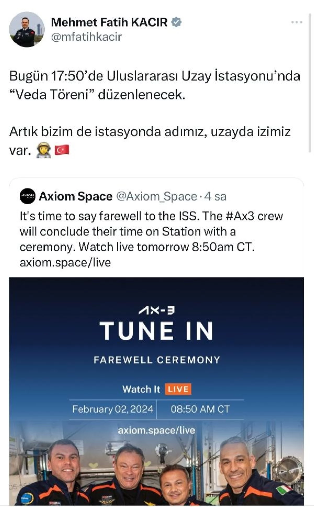 Türkiye\'nin ilk astronotu Alper Gezeravcı\'nın yer aldığı Axiom-3 mürettebatı için veda töreni düzenlenecek