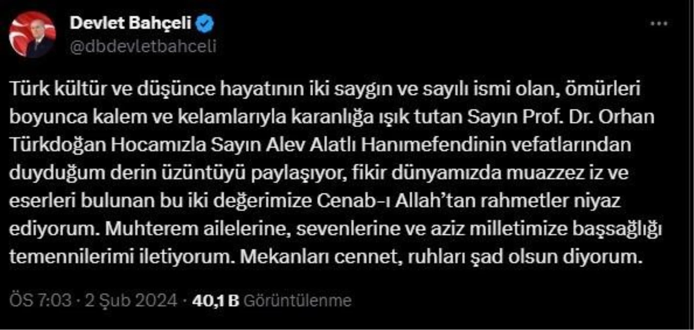 MHP Genel Başkanı Devlet Bahçeli, Alev Alatlı ve Orhan Türkdoğan için başsağlığı mesajı yayımladı