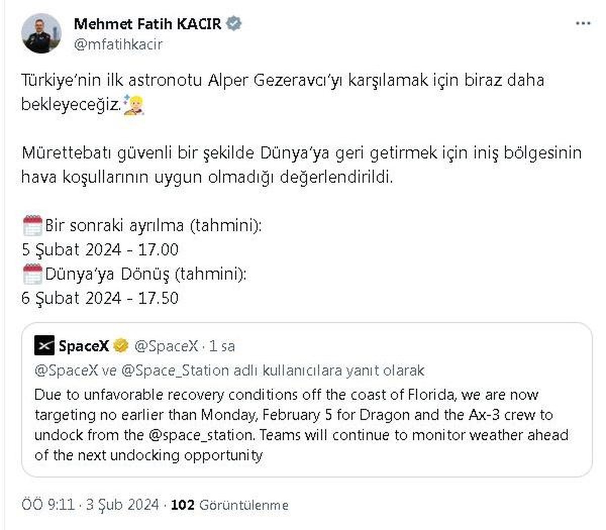 Ax-3 Misyonu Geri Dönüşü Hava Koşulları Nedeniyle Ertelendi