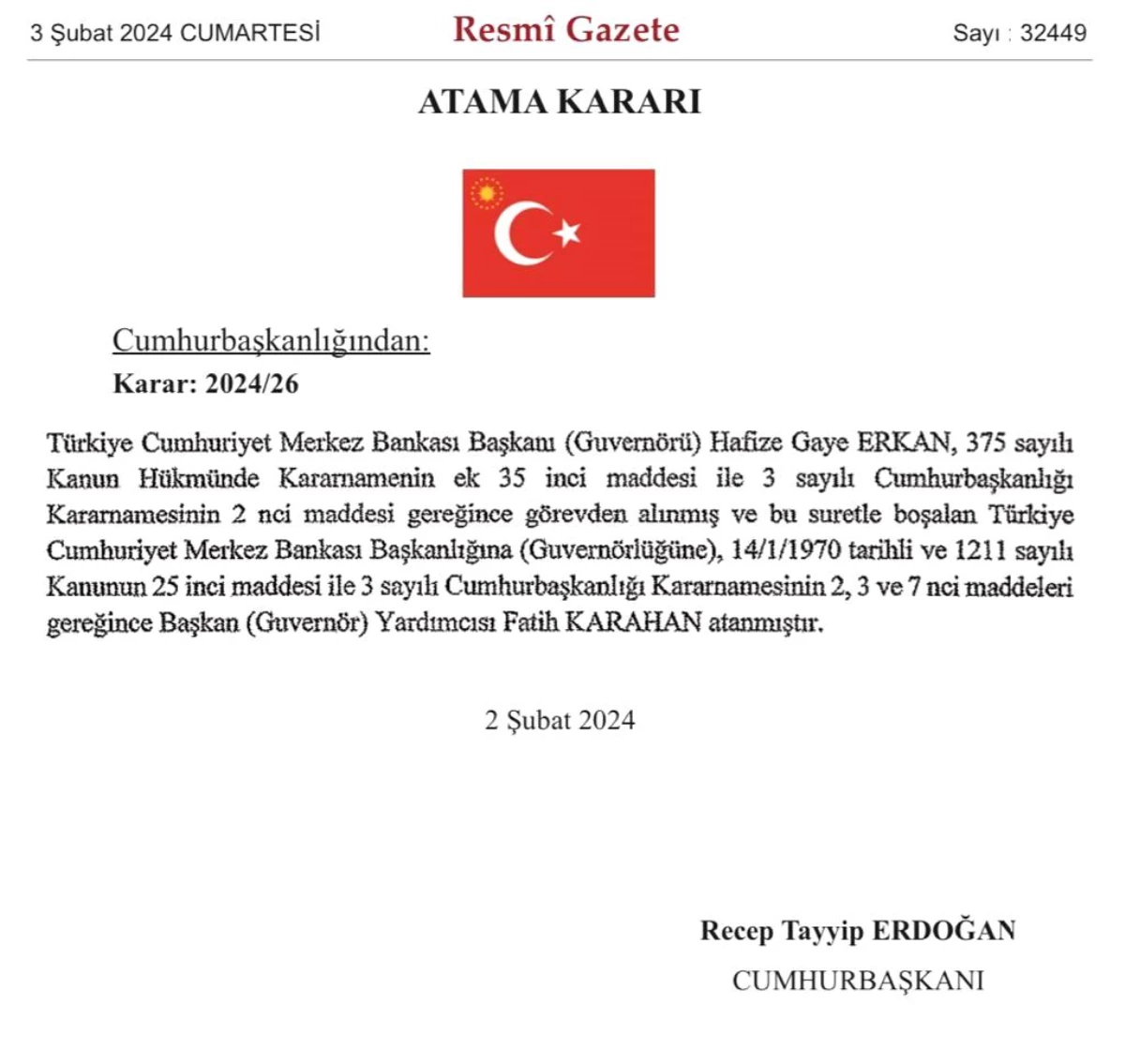 Türkiye Cumhuriyeti Merkez Bankası Başkanı Hafize Gaye Erkan Görevden Alındı