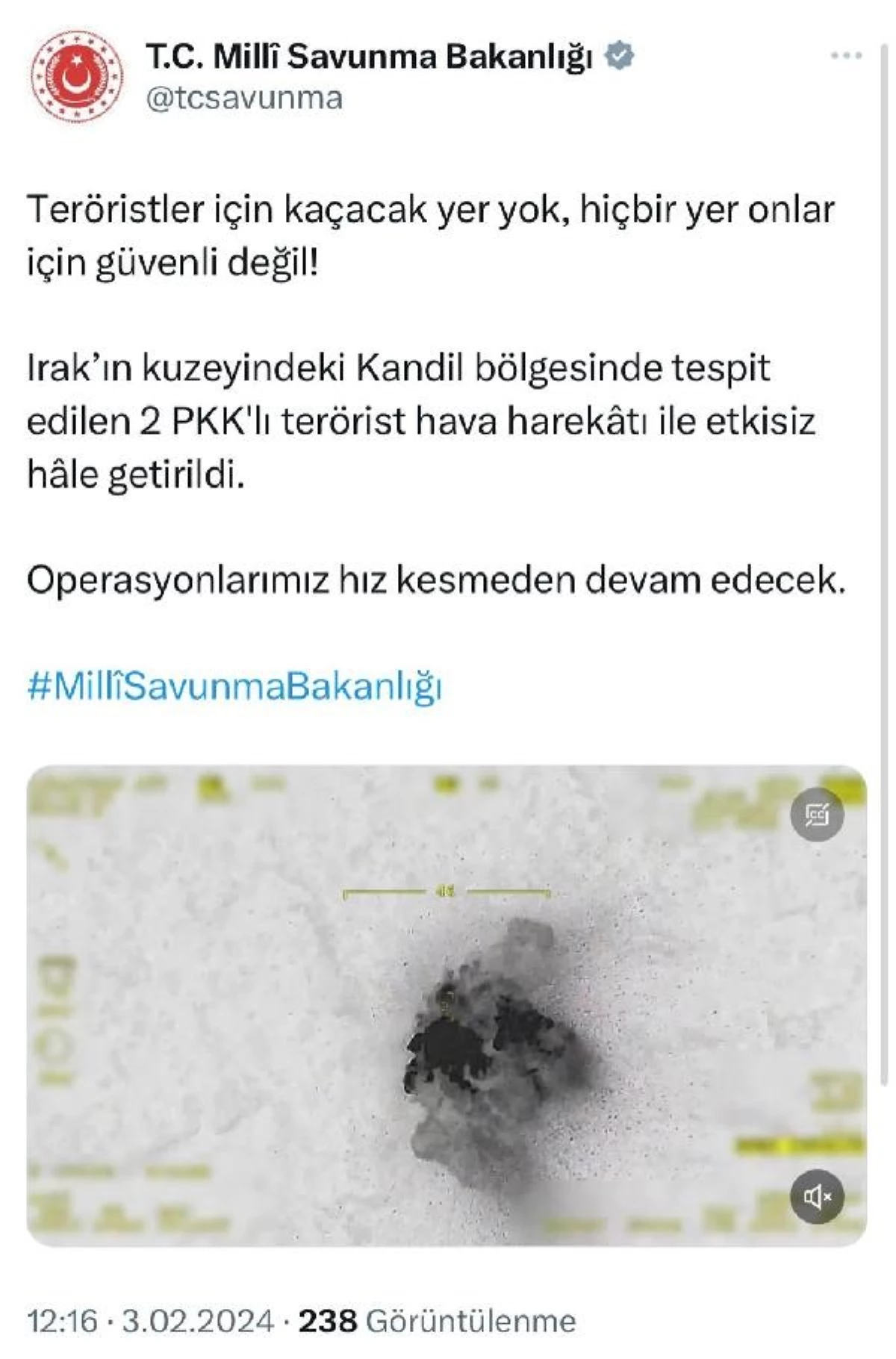 MSB: Kandil\'de 2 PKK\'lı terörist etkisiz hale getirildi