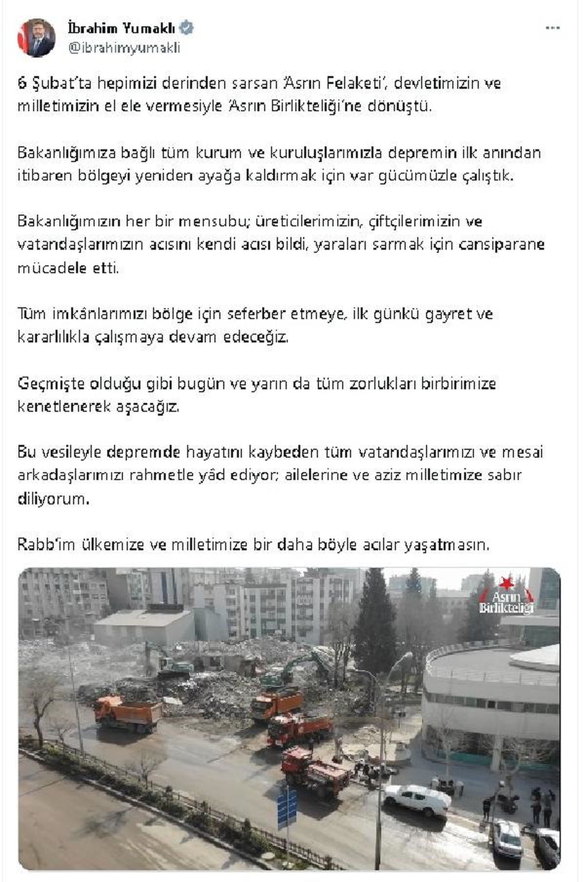 Tarım ve Orman Bakanı Yumaklı, deprem felaketini birlik ve beraberlikle aşacağımızı belirtti