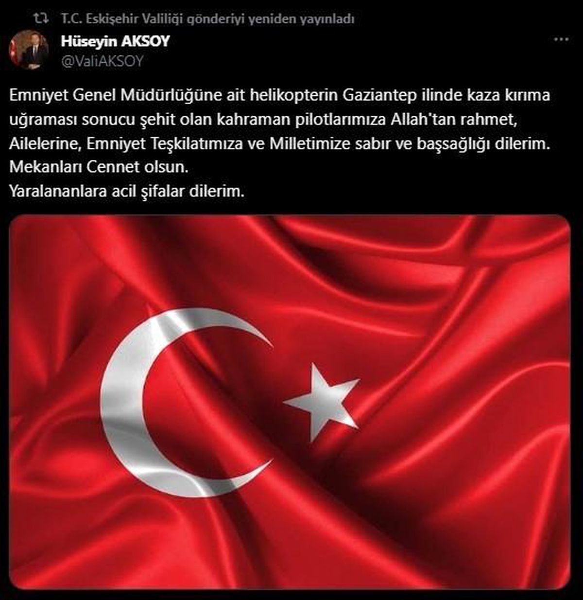 Eskişehir Valisi Hüseyin Aksoy, helikopter kazasında şehit olan pilotlar için taziye mesajı yayınladı