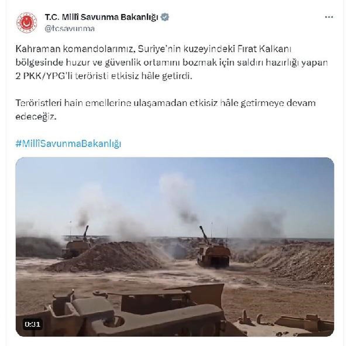Fırat Kalkanı bölgesinde 2 PKK/YPG\'li terörist etkisiz hale getirildi