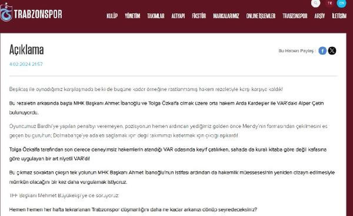 Trabzonspor, Beşiktaş maçında hakem kararlarına tepki gösterdi