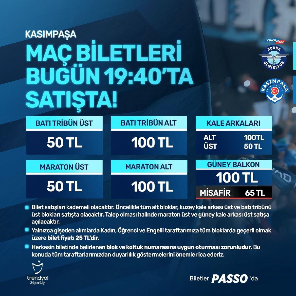 Adana Demirspor - Kasımpaşa Maçının Biletleri Satışa Çıktı