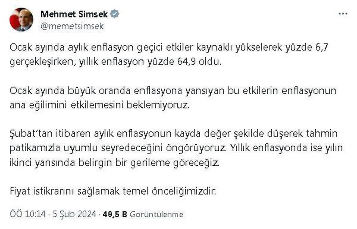 Bakan Şimşek: Şubattan itibaren enflasyon düşecek