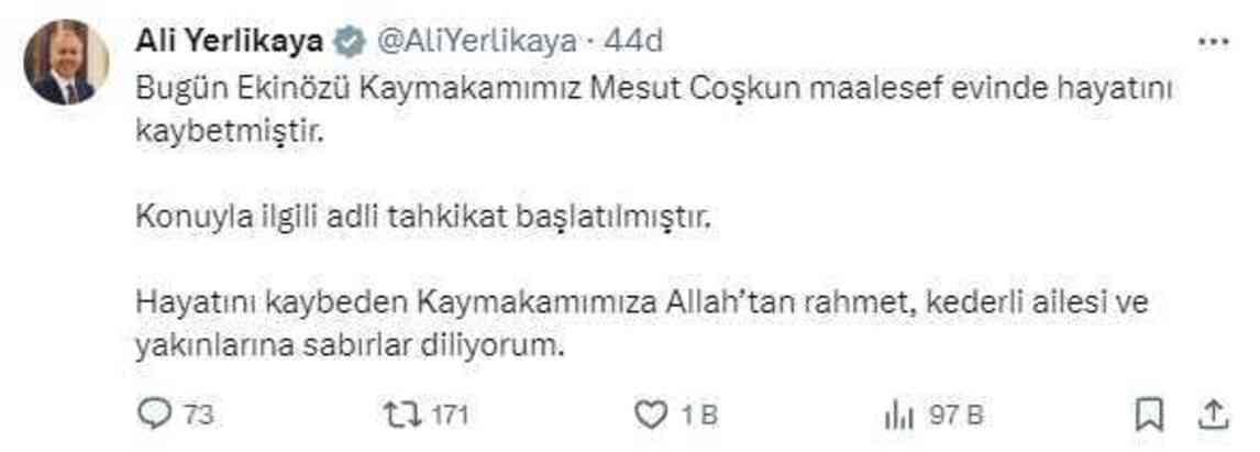 Kahramanmaraş'ın Ekinözü İlçe Kaymakamı Mesut Coşkun evinde ölü bulundu