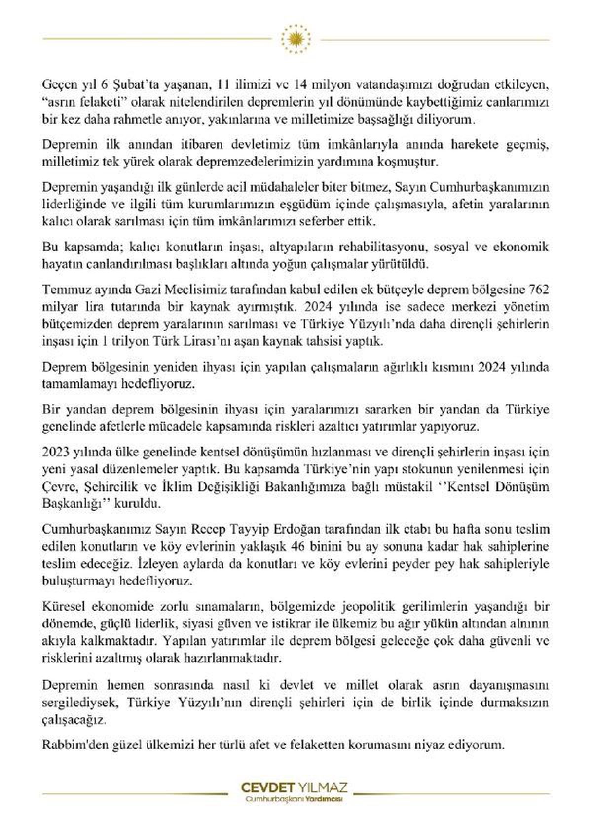 Cumhurbaşkanı Yardımcısı Yılmaz: Deprem bölgesinin yeniden ihyası için çalışmalar 2024 yılında tamamlanacak