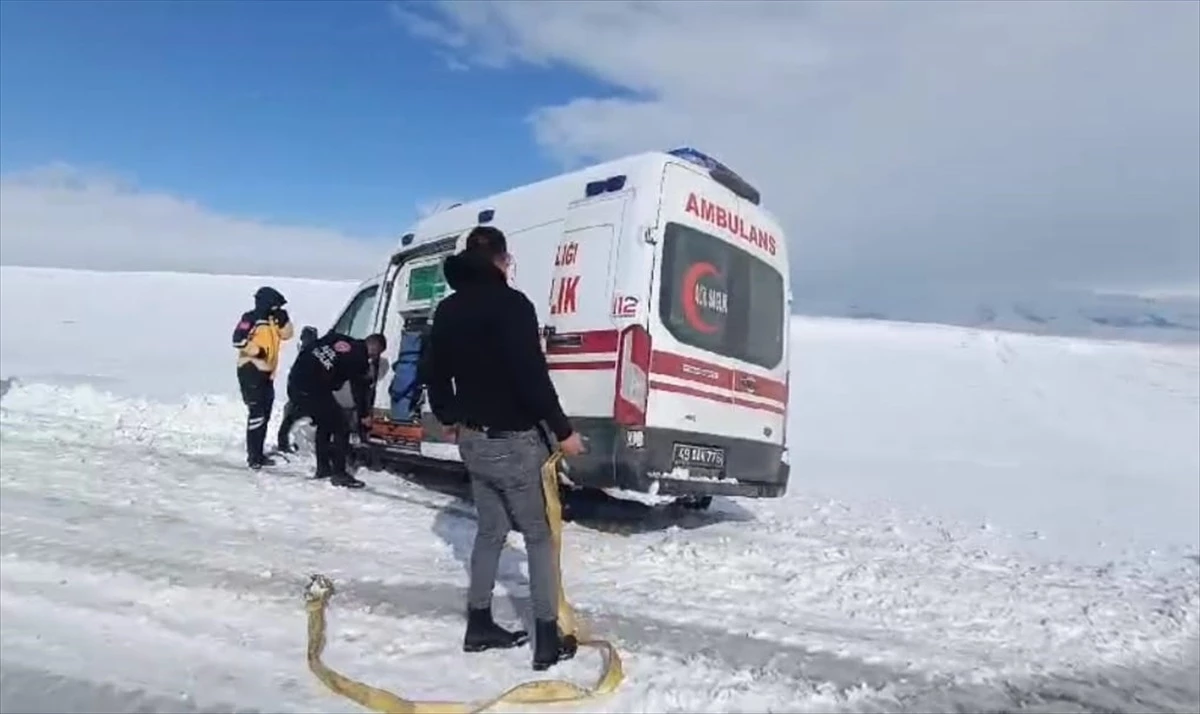 Malazgirt\'te kar ve tipi nedeniyle yoldan çıkan ambulans kardan çıkarıldı