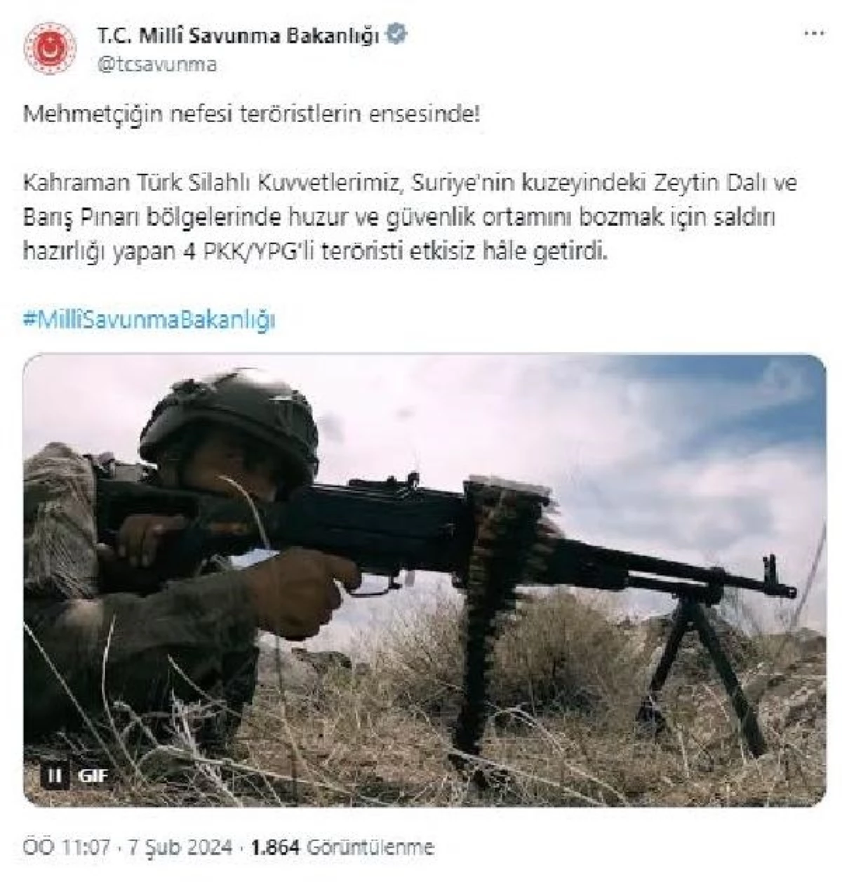 MSB: Zeytin Dalı ve Barış Pınarı bölgelerinde saldırı hazırlığı yapan 4 PKK/YPG\'li terörist etkisiz hale getirildi