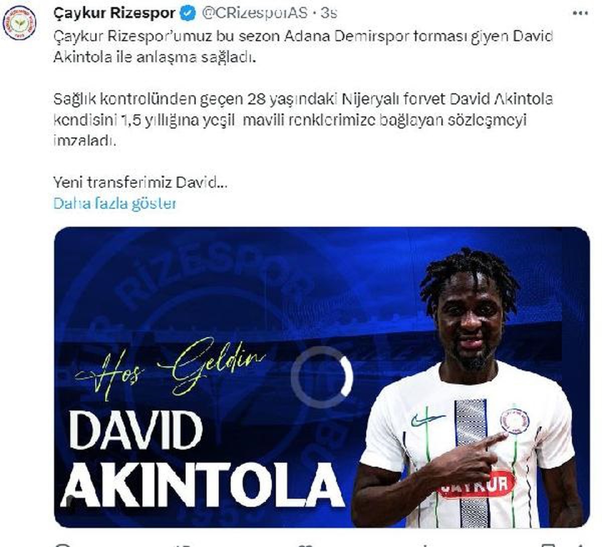 Çaykur Rizespor, David Akintola ile sözleşme imzaladı
