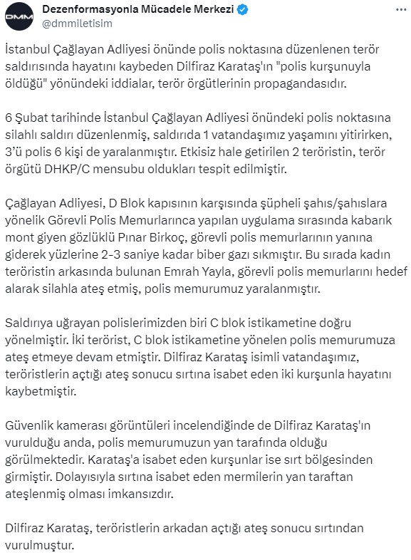 İstanbul Adliyesi'ndeki saldırıda hayatını kaybeden Dilfiraz Karataş'ın polis kurşunuyla öldüğü iddiaları yalanlandı