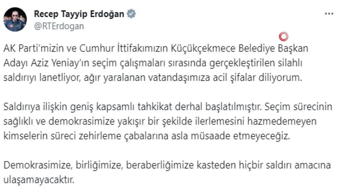 Cumhurbaşkanı Erdoğan, İstanbul\'da AK Parti programı sırasındaki silahlı saldırıyı kınadı