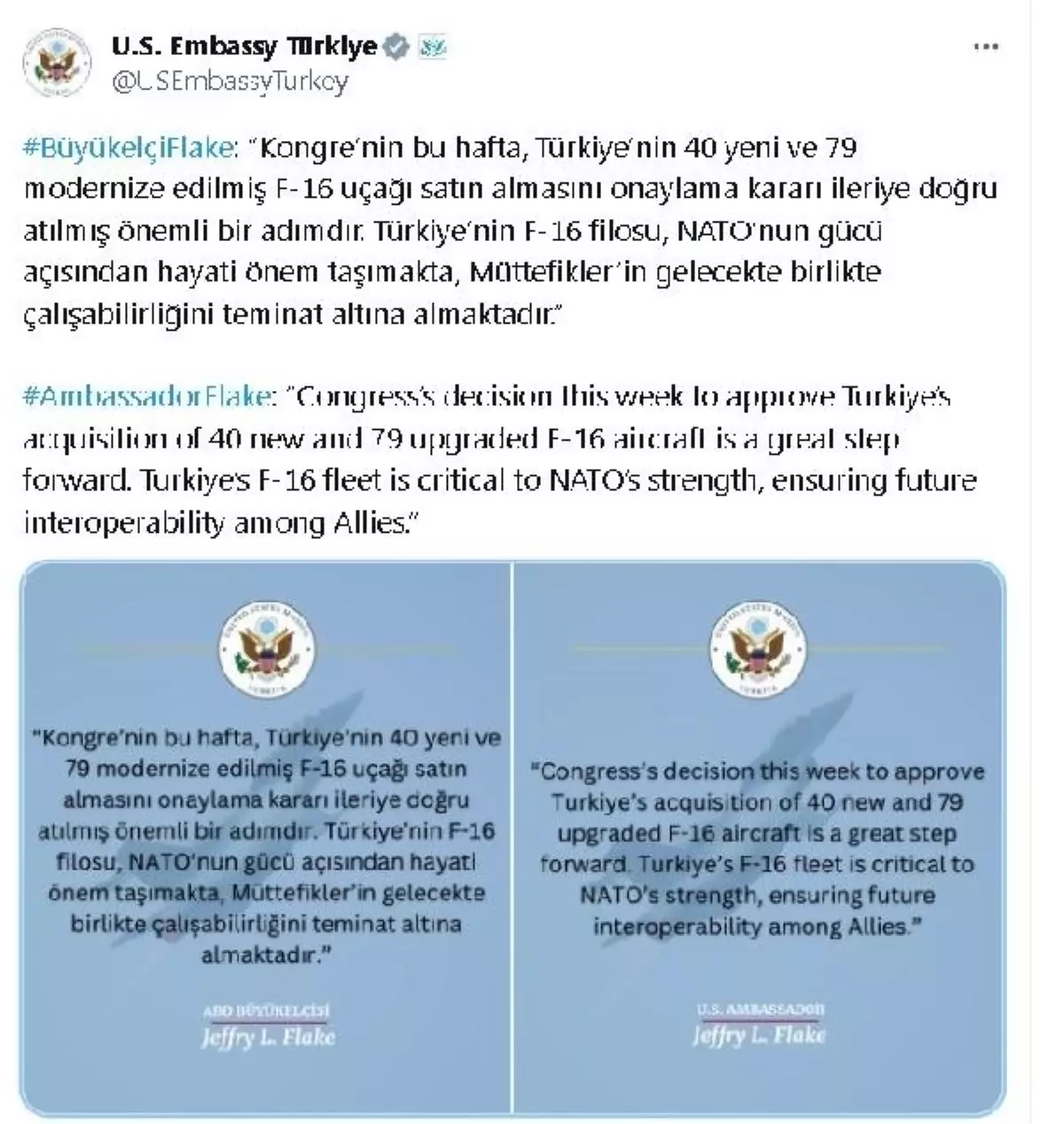 ABD Büyükelçisi: Türkiye'nin F-16 uçakları satın alması önemli bir adım