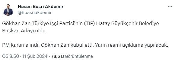 TİP PM, Gökhan Zan'ı Hatay Büyükşehir Belediye Başkan Adayı Olarak Göstermeye Karar Verdi