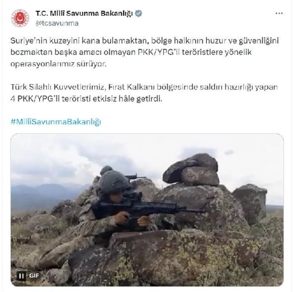 Fırat Kalkanı bölgesinde 4 PKK/YPG\'li terörist etkisiz hale getirildi