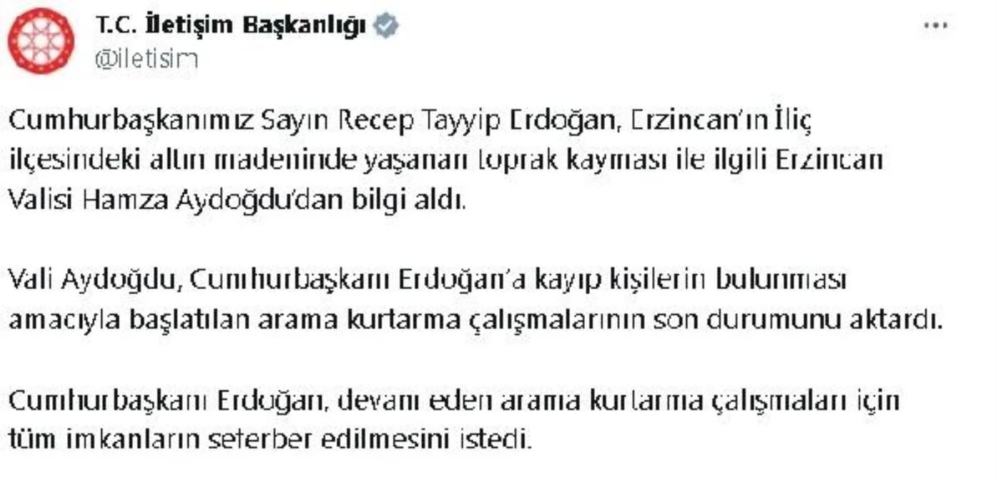Cumhurbaşkanı Erdoğan, Erzincan Valisi Aydoğdu\'dan bilgi aldı