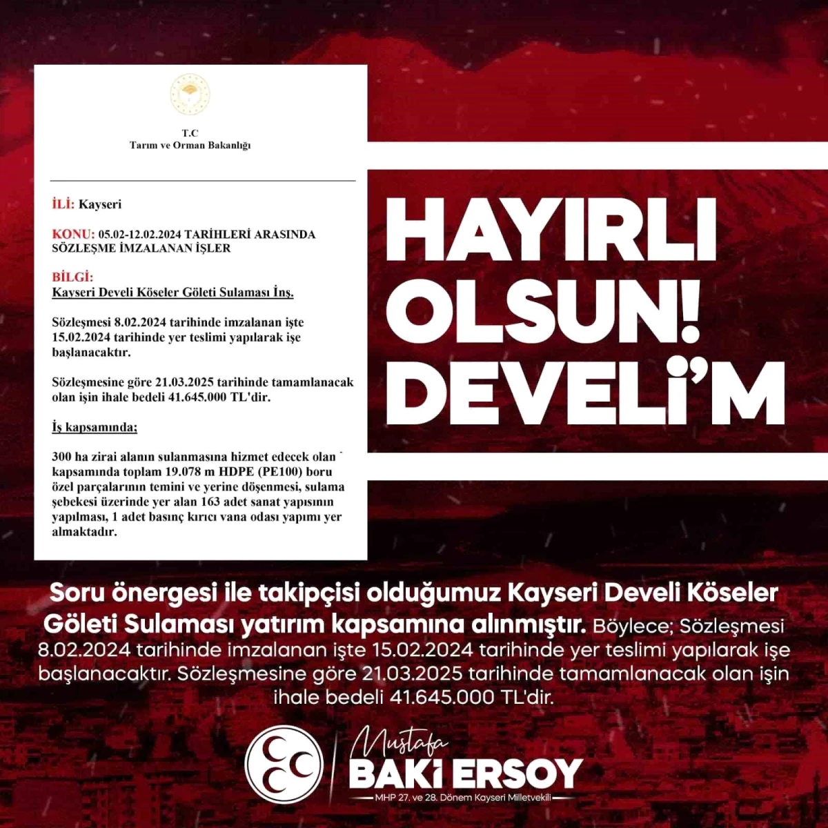 MHP Milletvekili Baki Ersoy, Köseler Göleti\'nin sulamasının yatırım kapsamına alındığını duyurdu