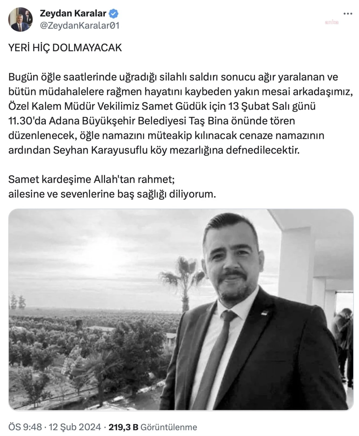 Adana Büyükşehir Belediyesi Özel Kalem Müdür Vekili Samet Güdük\'ün Cenaze Töreni Düzenlenecek