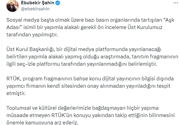 RTÜK, 'Aşk Adası' isimli yapımla ilgili ön incelemenin yapıldığını açıkladı