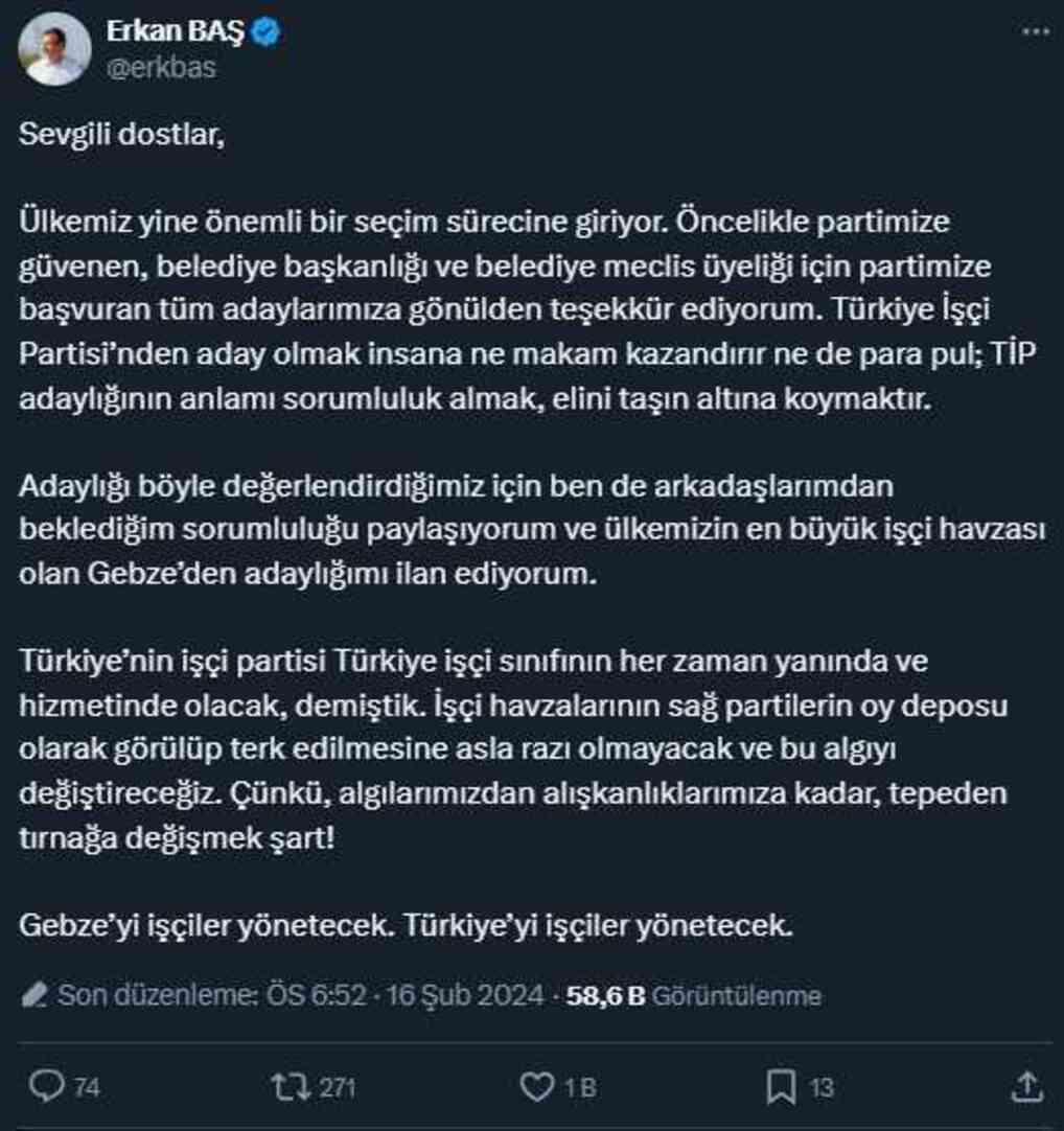 TİP Genel Başkanı Erkan Baş, Gebze'den belediye başkan adaylığını açıkladı