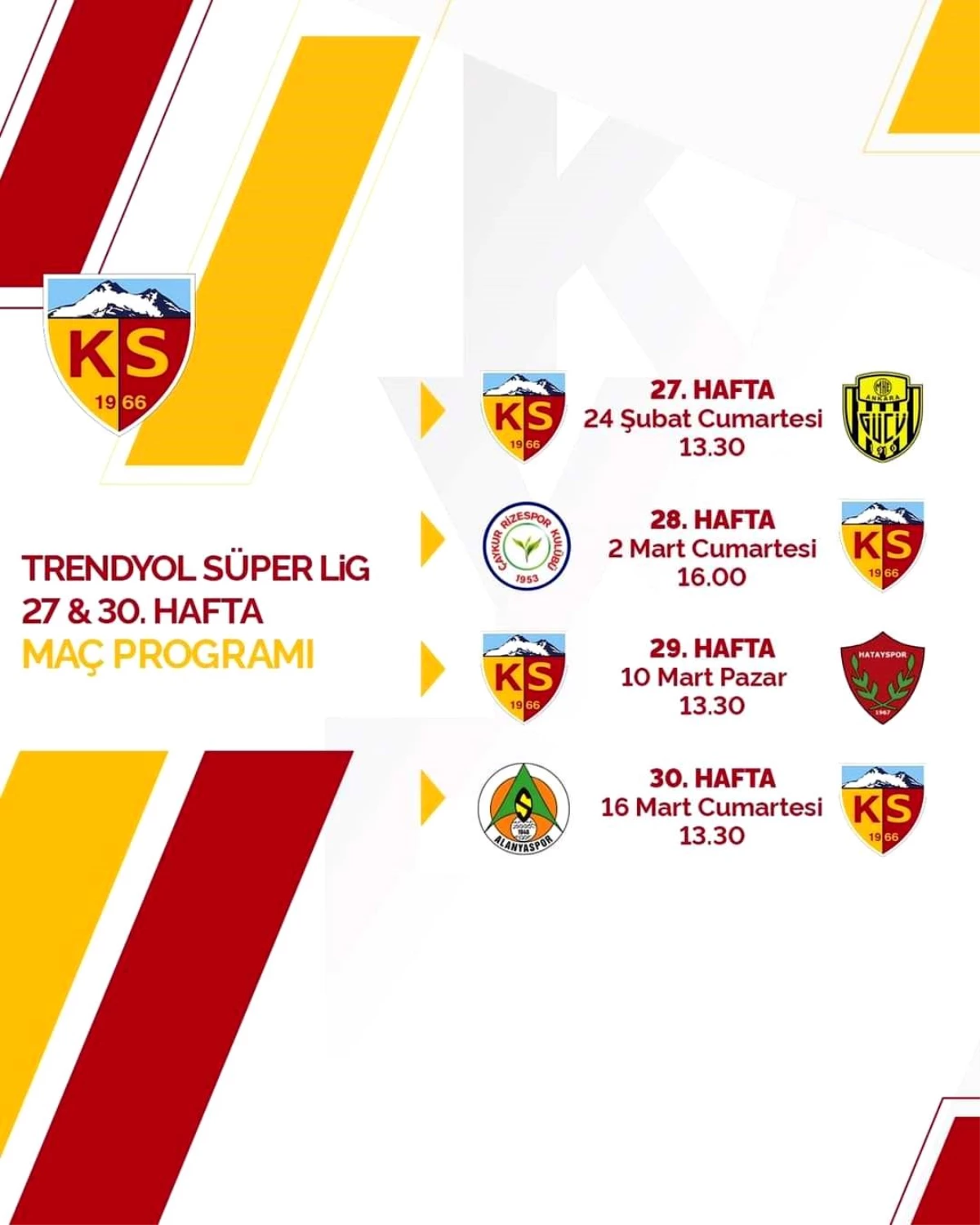 Kayserispor\'un 4 Haftalık Maç Programı Açıklandı