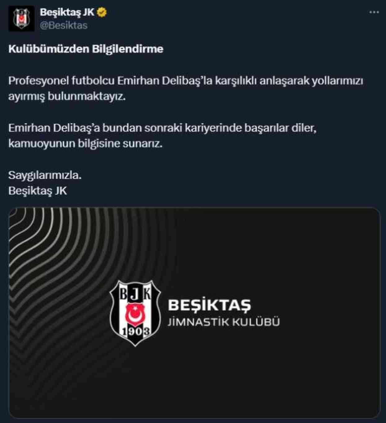 Beşiktaş, Emirhan Delibaş ile karşılıklı anlaşarak yollarını ayırdı Beşiktaş, Emirhan Delibaş ile karşılıklı anlaşarak yollarını ayırdı