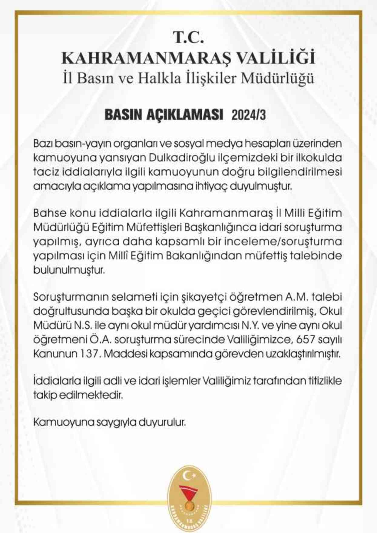 Müdürden sınıf öğretmenine taciz iddiasına soruşturma başlatıldı Müdürden sınıf öğretmenine taciz iddiasına soruşturma başlatıldı