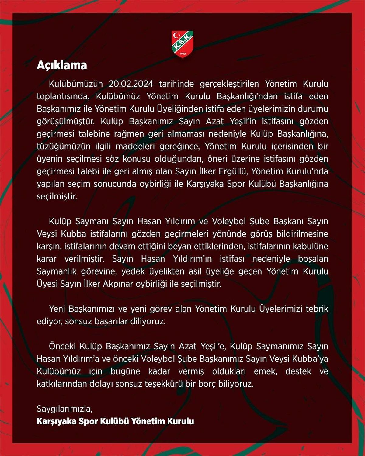 Karşıyaka Spor Kulübü\'nde İstifa Krizi Sonrası Yeni Başkan İlker Ergüllü