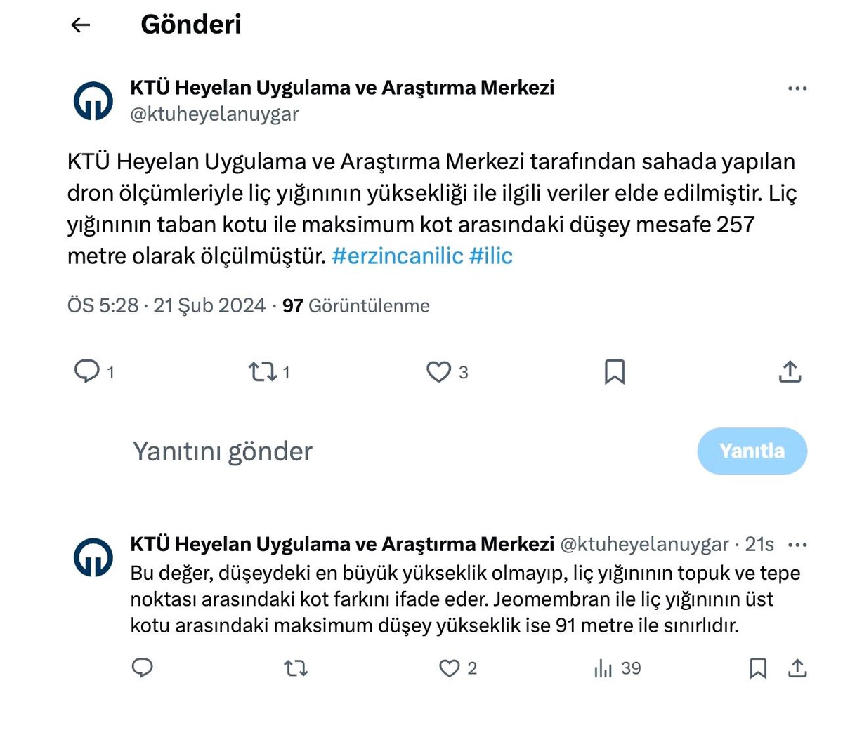 KTÜ Heyelan Uygulama ve Araştırma Merkezi, İliç\'teki Liç Yüksekliği Hakkındaki Açıklamasını Düzeltti