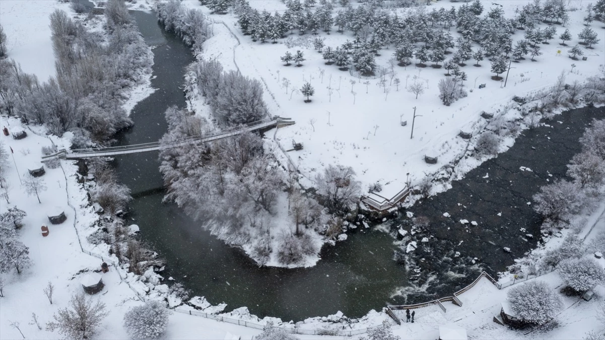 Van\'ın Erciş ilçesinde kar yağışıyla İnci Kefali Tabiat Parkı beyaza büründü