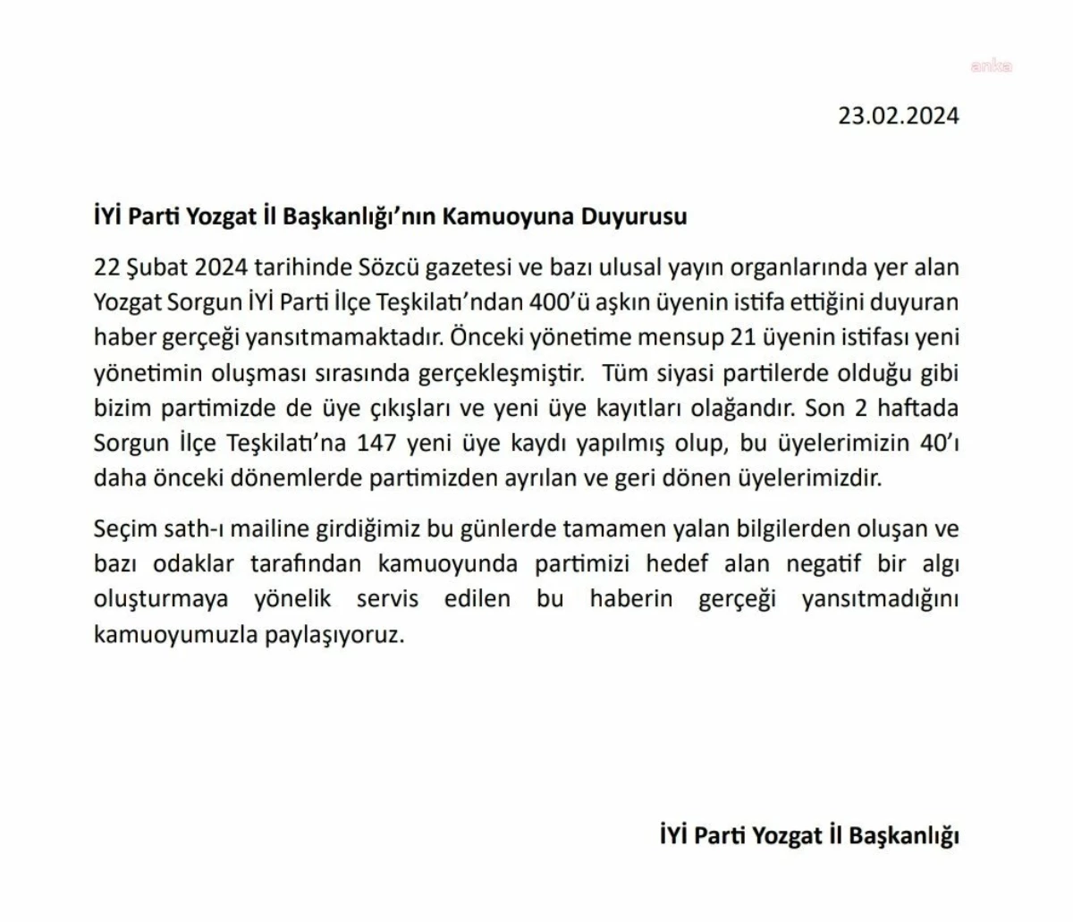 İYİ Parti Yozgat İl Başkanlığı, Sorgun İlçe Teşkilatı\'ndan İstifa Haberlerini Yalanladı
