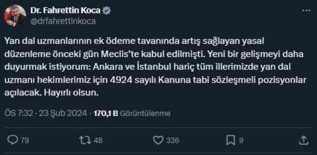 Sağlık Bakanı, yan dal uzmanları için sözleşmeli pozisyonlar açılacağını duyurdu Sağlık Bakanı, yan dal uzmanları için sözleşmeli pozisyonlar açılacağını duyurdu