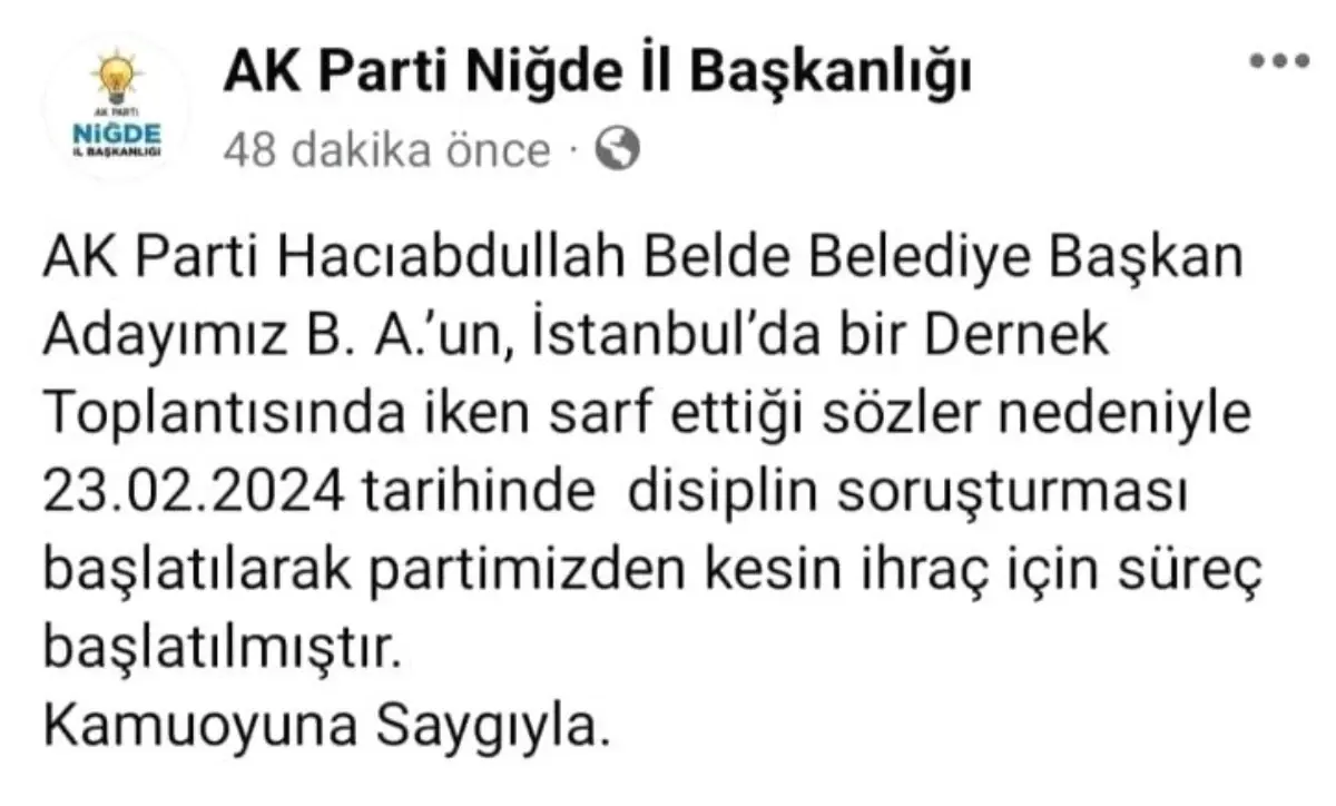 Niğde\'de AK Parti Belediye Başkan Adayı İhraç Edildi