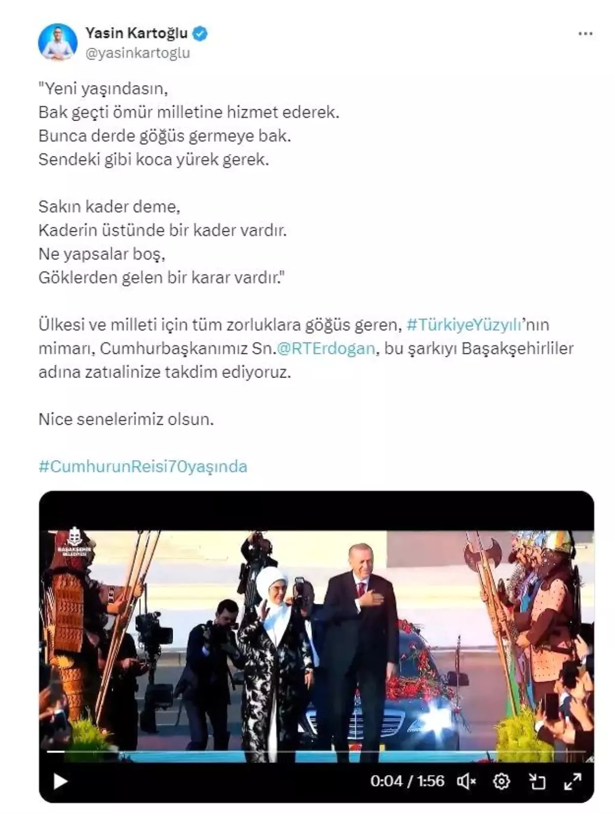 Başakşehir Belediye Başkanı Yasin Kartoğlu, Cumhurbaşkanı Erdoğan\'ın doğum günü için özel şarkı paylaştı