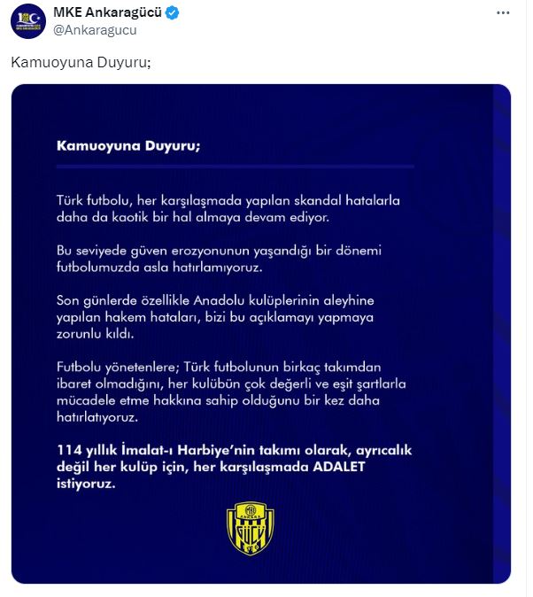 Ankaragücü'nden Fenerbahçe maçı öncesi açıklama: Herkes için adalet istiyoruz
