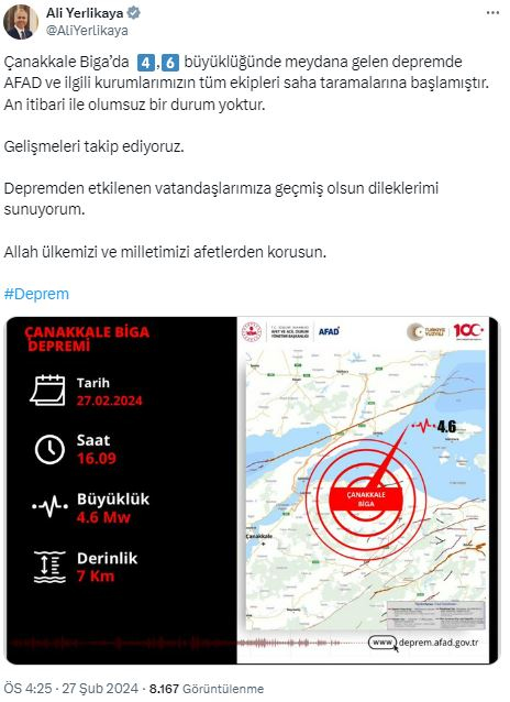 Çanakkale'deki deprem anı kameralara yansıdı