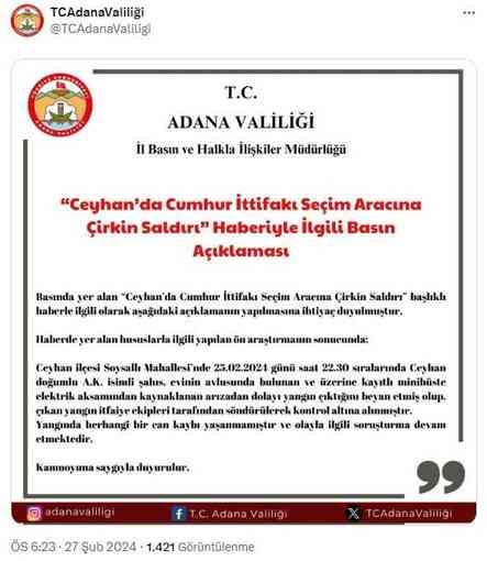 Ceyhan'da Cumhur İttifakı seçim aracına çirkin saldırı